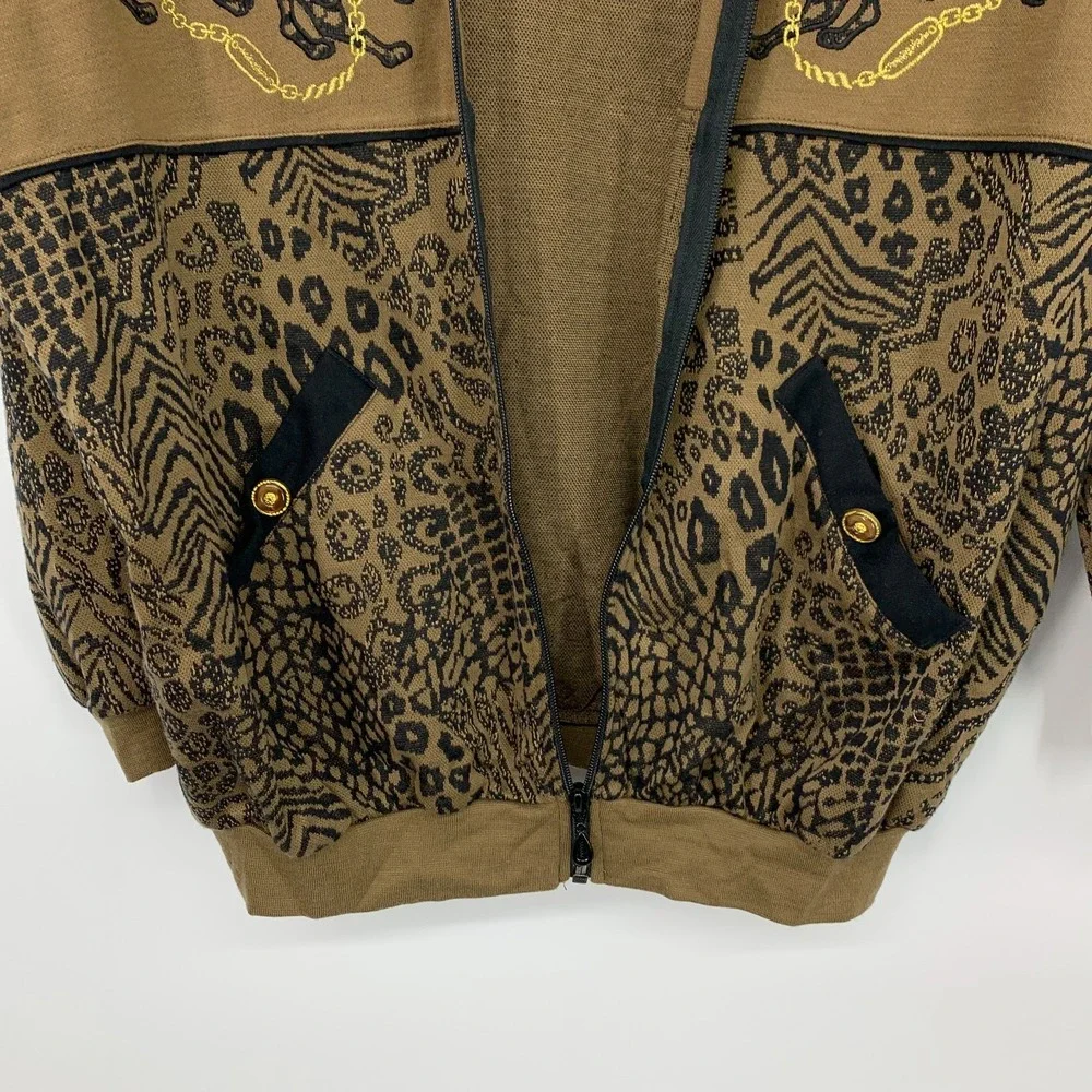 Rafael Jacket Womens XL Animal Print Zip Front Safari Gold Chain Vintage Bomber_8